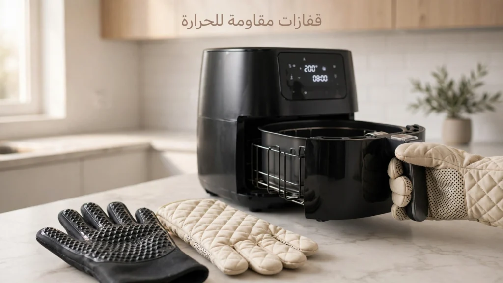 قفازات مقاومة للحرارة للقلاية الهوائية بجانب سلة قلاية ساخنة في مطبخ عصري