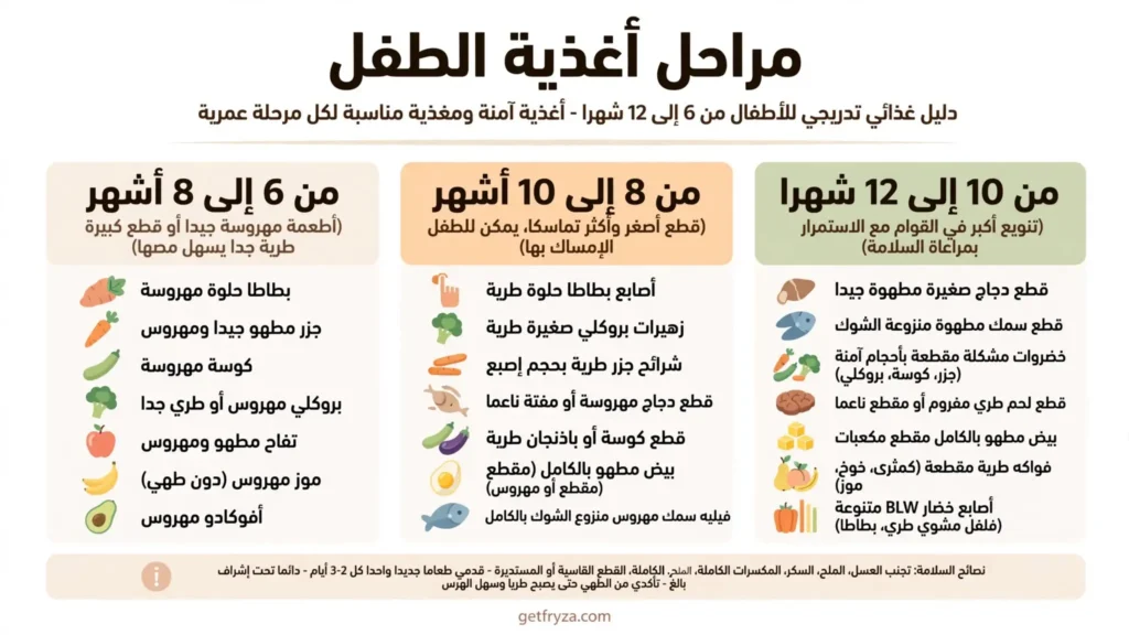جدول يوضح الأطعمة المناسبة للطفل