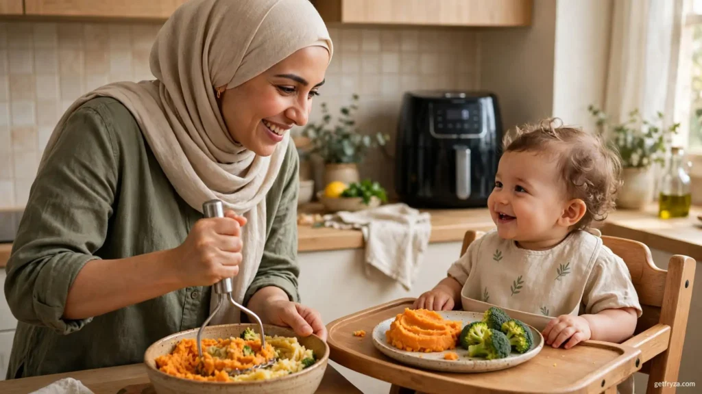 أم تحضر الطعام لطفلها بالقلاية الهوائية